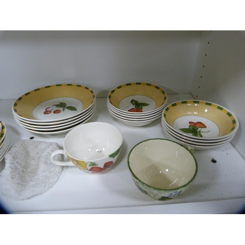 127 - Staffordshire Churchill part service, other decorative plates and a large glass bowl etc (two shelve... 