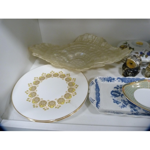 127 - Staffordshire Churchill part service, other decorative plates and a large glass bowl etc (two shelve... 