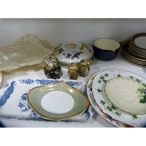 127 - Staffordshire Churchill part service, other decorative plates and a large glass bowl etc (two shelve... 