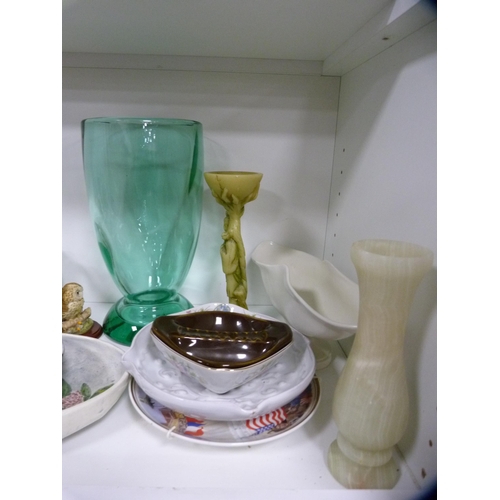 128 - Collection of decorative items including a large glass vase, art pottery jugs, tankards, commemorati... 