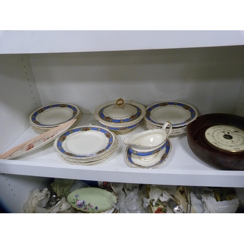 129 - Carlton Ware dish, part dinner service, salad bowl and a barometer (one shelf).