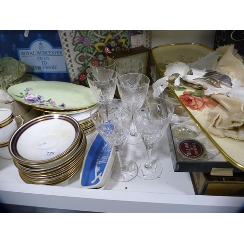 130 - Standard China part tea set, boxed sets of glasses, cutlery, byre lamps, Royal Worcester etc (one sh... 