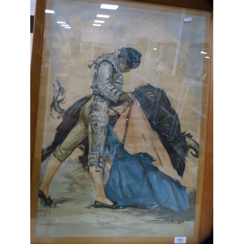 134 - After J Reus Framed Ortega Valencia grand bullfighting print.