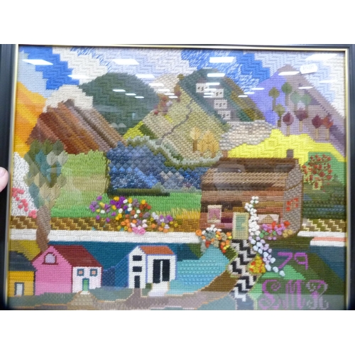 138 - Seven framed tapestries depicting cottages, boats etc.