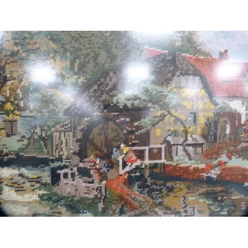 138 - Seven framed tapestries depicting cottages, boats etc.