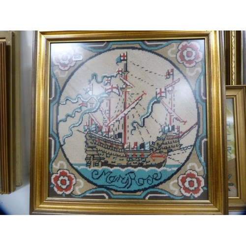 138 - Seven framed tapestries depicting cottages, boats etc.
