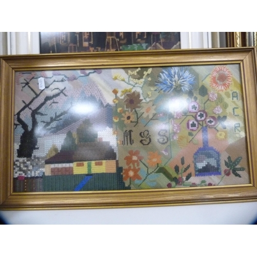 138 - Seven framed tapestries depicting cottages, boats etc.