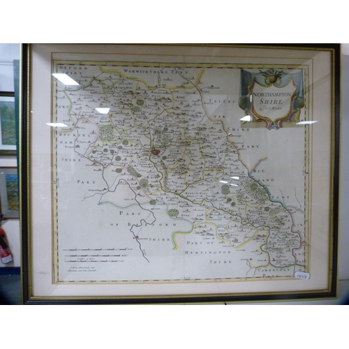 142 - After Robert MordenThree framed maps of Northamptonshire, Leicestershire and England.... 