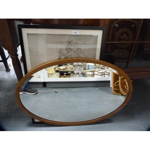 145 - Oval inlaid wall mirror and a framed print of sheep.  (2)