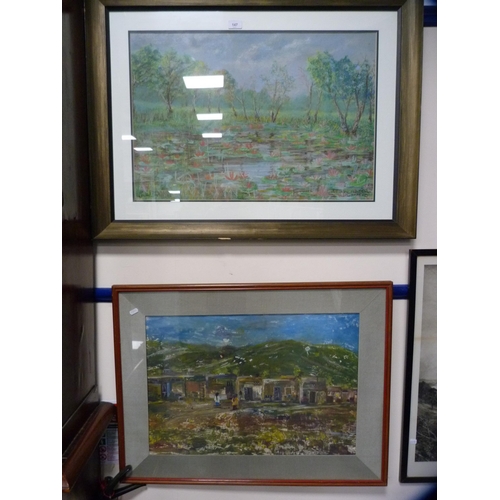 147 - Javed BaluchEastern figuresModern mixed media, and by the same hand, 'Lotus Lake, Islamabad'.&nbsp; ... 
