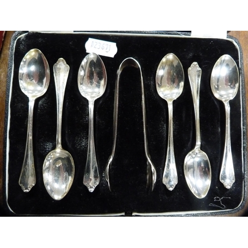 158 - Two sets of twelve EP teaspoons and tongs and another set of six teaspoons and tongs.