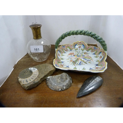 161 - Tortoiseshell and gilt-mounted scent bottle, three fossils and a Quimper-style basket.