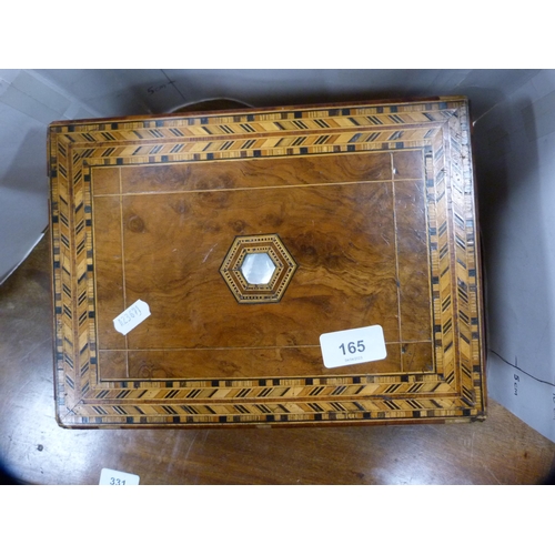 165 - Victorian walnut work box with Tunbridge Ware banding.