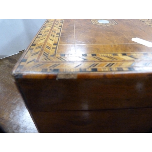 165 - Victorian walnut work box with Tunbridge Ware banding.