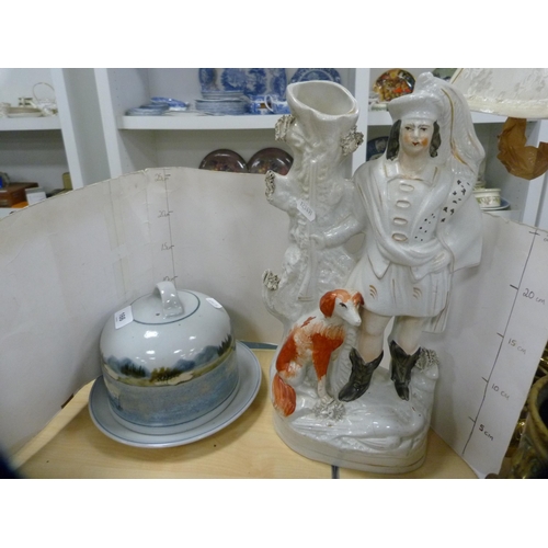 166 - Highland Stoneware cheese dish and cover and a large Staffordshire flatback figure of a standing gen... 
