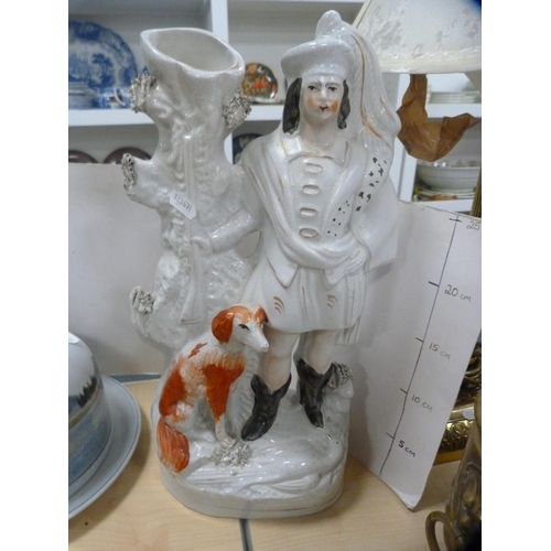 166 - Highland Stoneware cheese dish and cover and a large Staffordshire flatback figure of a standing gen... 