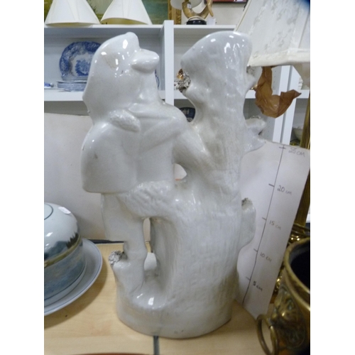 166 - Highland Stoneware cheese dish and cover and a large Staffordshire flatback figure of a standing gen... 