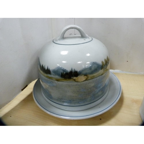 166 - Highland Stoneware cheese dish and cover and a large Staffordshire flatback figure of a standing gen... 