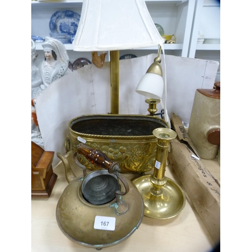 167 - Brass Corinthian column and other candlesticks, brass kettle, planter, table lamps etc.