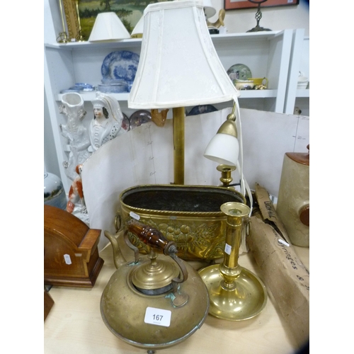 167 - Brass Corinthian column and other candlesticks, brass kettle, planter, table lamps etc.