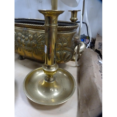 167 - Brass Corinthian column and other candlesticks, brass kettle, planter, table lamps etc.