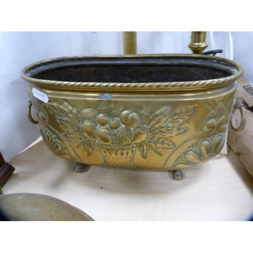 167 - Brass Corinthian column and other candlesticks, brass kettle, planter, table lamps etc.