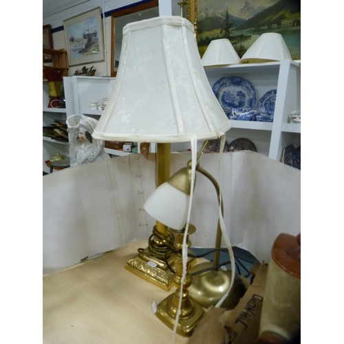 167 - Brass Corinthian column and other candlesticks, brass kettle, planter, table lamps etc.