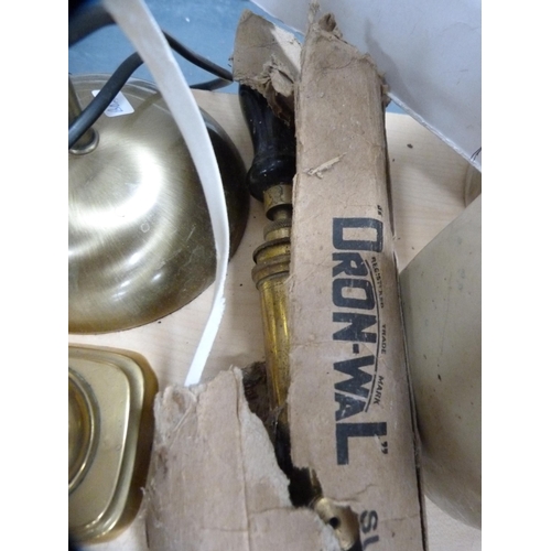 167 - Brass Corinthian column and other candlesticks, brass kettle, planter, table lamps etc.
