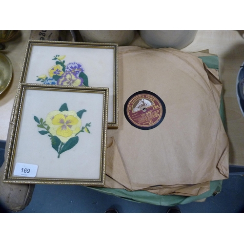 169 - Pair of embroidered pictures and a collection of His Master's Voice records.