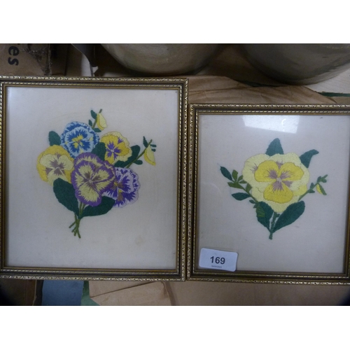 169 - Pair of embroidered pictures and a collection of His Master's Voice records.