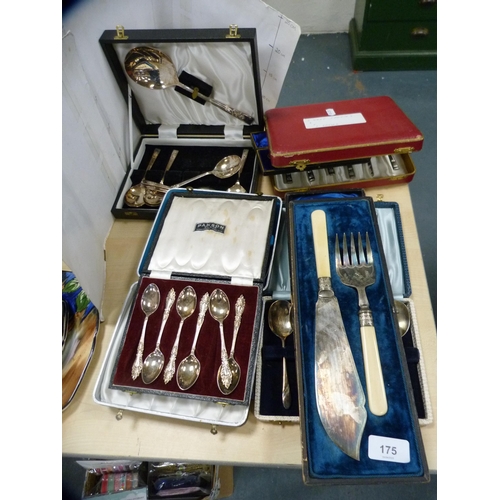 175 - Pair of servers, cased spoons and other flatware.
