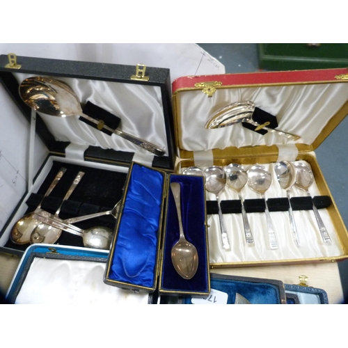 175 - Pair of servers, cased spoons and other flatware.