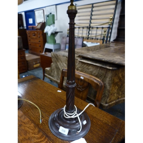 239 - Pair of Georgian-style mahogany table lamps with later shades.