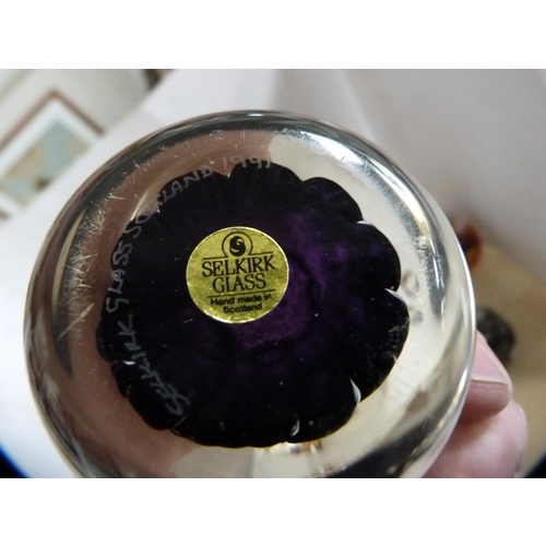 150 - Two Selkirk Glass paperweights and four others including a cat and a bird.&nbsp; (6)