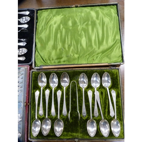 158 - Two sets of twelve EP teaspoons and tongs and another set of six teaspoons and tongs.