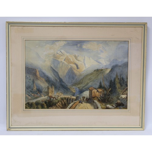 54 - Attrib. Henry Harris Lines Swiss Alps mountainous landscape with village.Watercolour, pen and ink.42... 