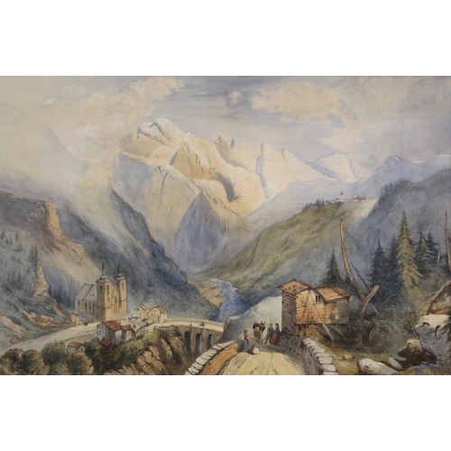 54 - Attrib. Henry Harris Lines Swiss Alps mountainous landscape with village.Watercolour, pen and ink.42... 