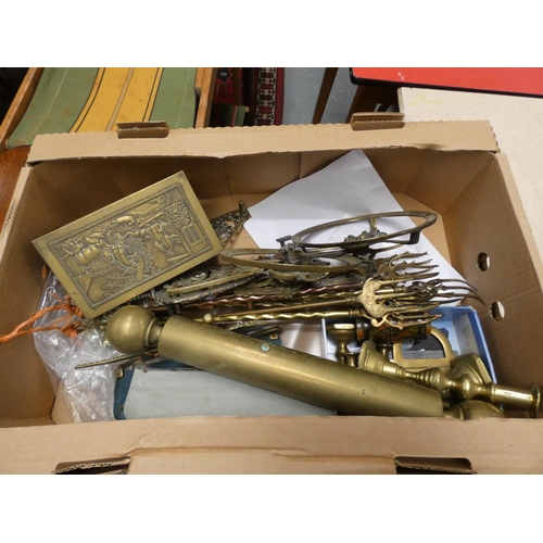 396 - Brassware to include toasting forks, box, candlesticks etc