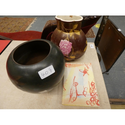 409 - Oriental bronze vase, a Japanese book and another vase (3)