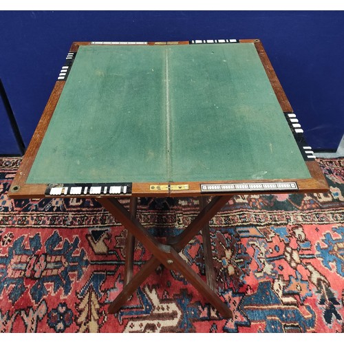 373 - Edwardian campaign-style mahogany folding card table with baize playing surface and inset ivory mark... 