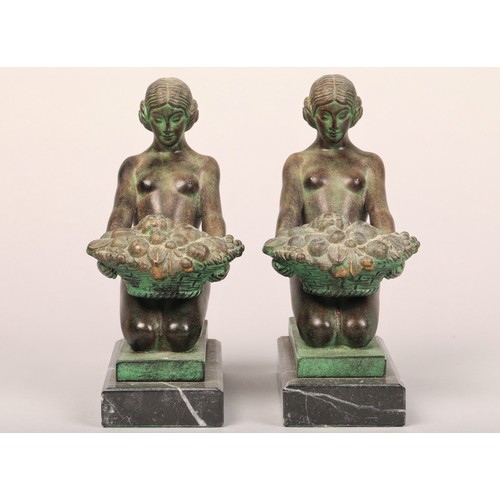 232 - Max Le Verrier (French 1892-1962) Pair Art Deco bronze figures, of a maiden with a basket of fruit s... 