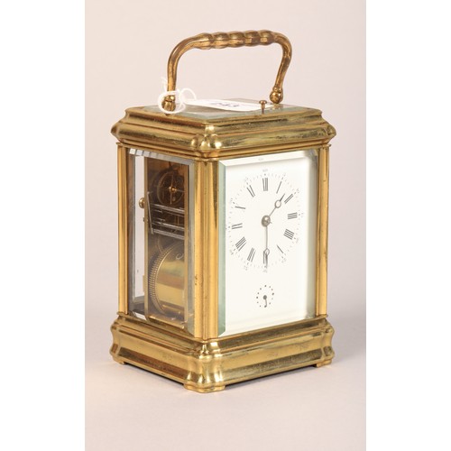 243 - Early 20th Century repeating brass carriage clock, white enamel dial with alarm dial, time piece str... 