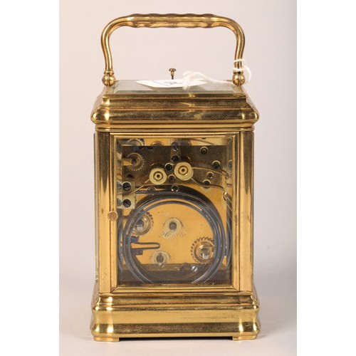 243 - Early 20th Century repeating brass carriage clock, white enamel dial with alarm dial, time piece str... 