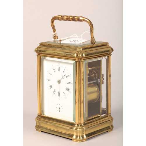 243 - Early 20th Century repeating brass carriage clock, white enamel dial with alarm dial, time piece str... 