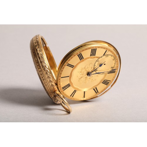 141 - Victorian 18 carat gold gents pocket watch gilt floral dial, black roman numerals, and a seconds sub... 