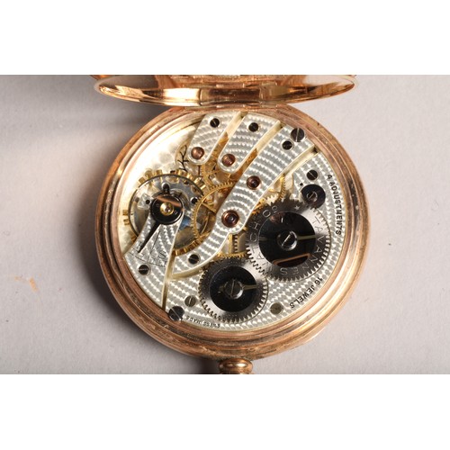 145 - 9 carat gold open faced pocket watch, white enamel dial with roman numeral hour marks with subsidiar... 