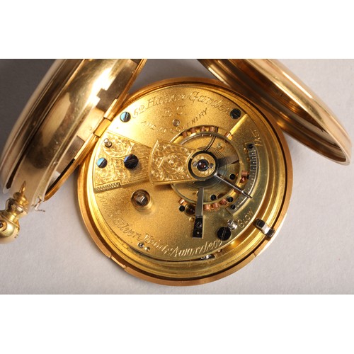 143 - Gents 18 carat gold full hunter pocket watch, with enamel dial, black roman numerals and second subs... 