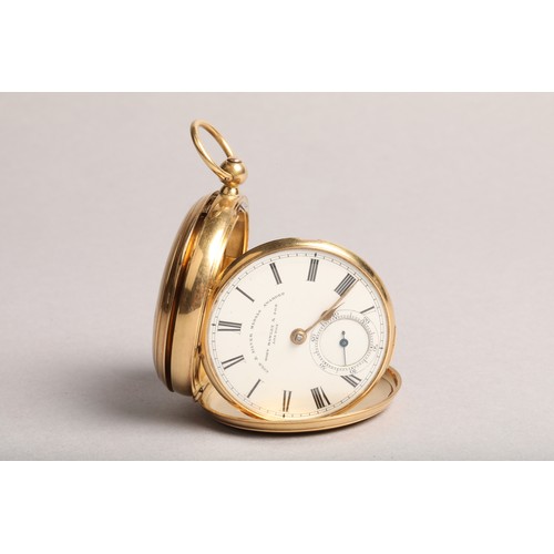 143 - Gents 18 carat gold full hunter pocket watch, with enamel dial, black roman numerals and second subs... 