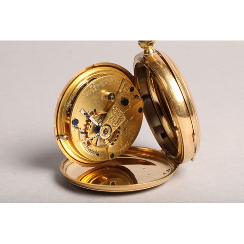 143 - Gents 18 carat gold full hunter pocket watch, with enamel dial, black roman numerals and second subs... 