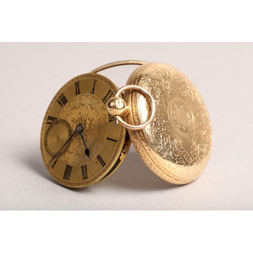 144 - Gents 18 carat gold open faced pocket watch engraved foliate dial with roman numerals with subsidiar... 